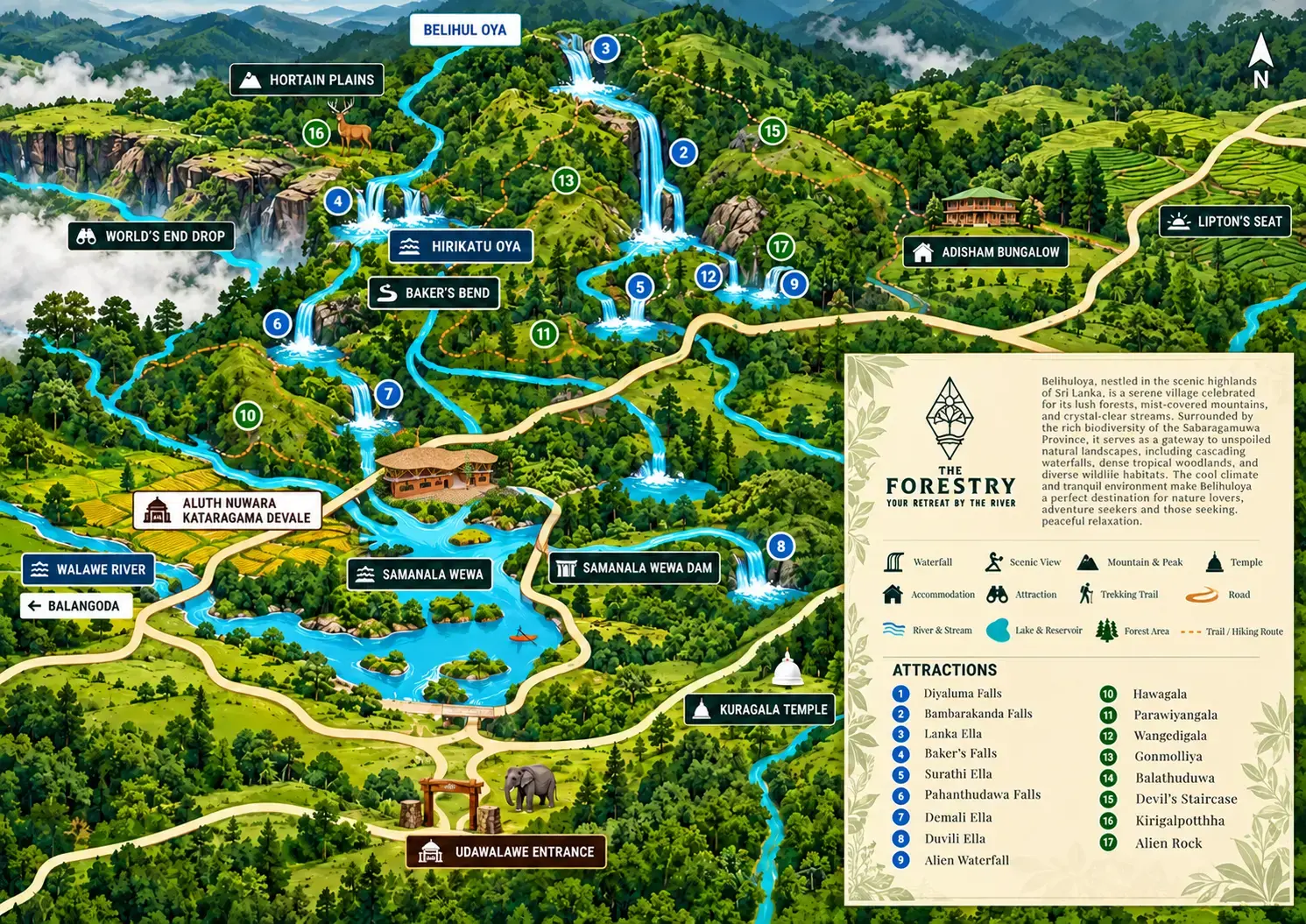 Illustrated map of Belihuloya and the surrounding region