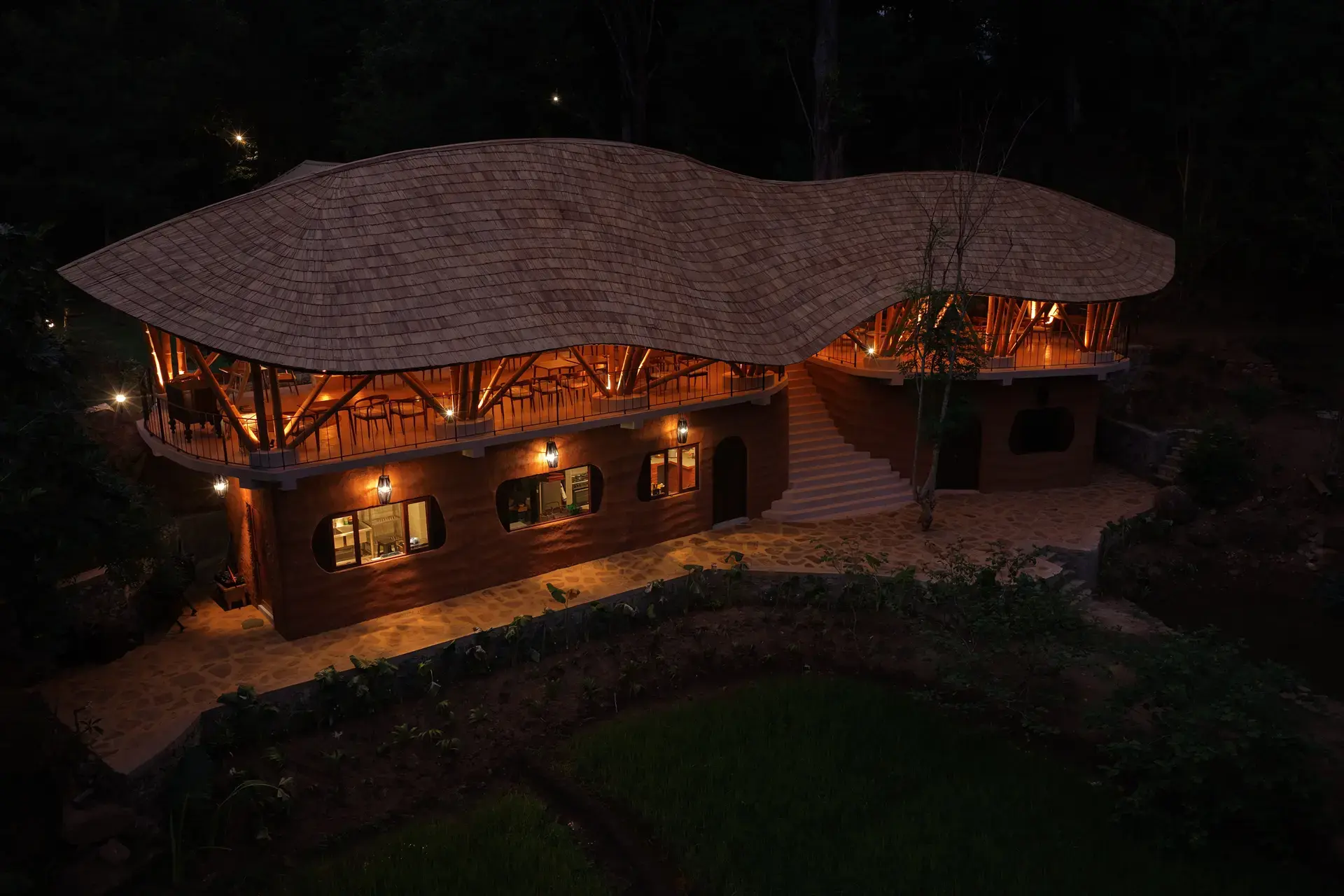 The Bamboo Restaurant glowing after dark