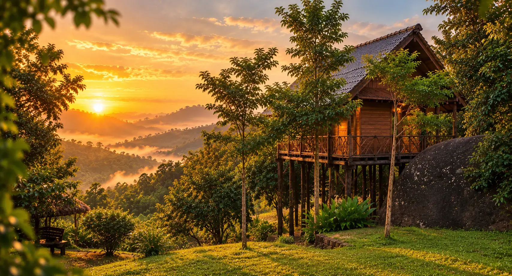 Treehouse among the trees at golden hour