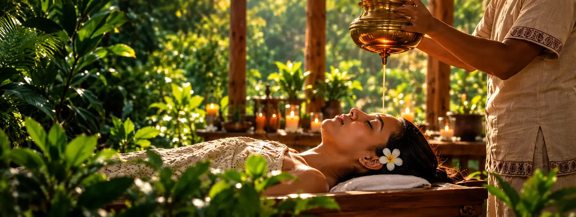 Shirodhara treatment in an open-air pavilion surrounded by forest