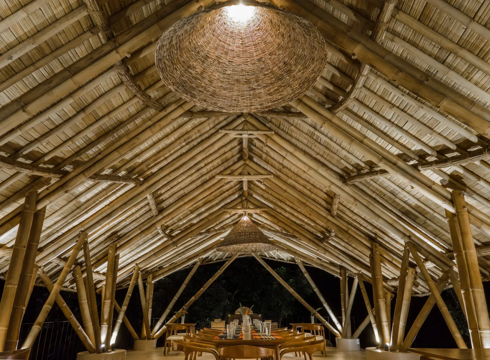 The woven bamboo roof from inside the restaurant